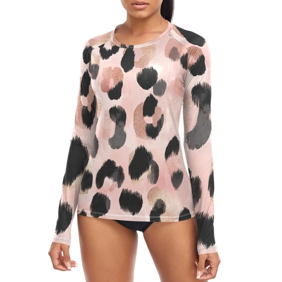 Pink Leopard Skin with Black Dots Women's Rash Guard Shirts UPF 50+ Sun Protection Clothing Long Sleeve Swim Suits XL
