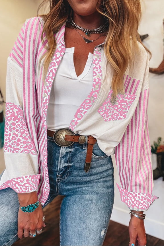Pink Leopard Striped Western Casual Shirt
