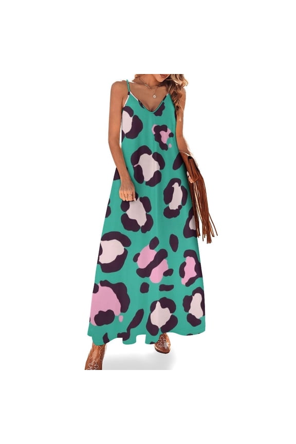 Pink Leopard Teal Background Print Sleeveless Suspender Dress Summer Fashion Casual Long Dress
