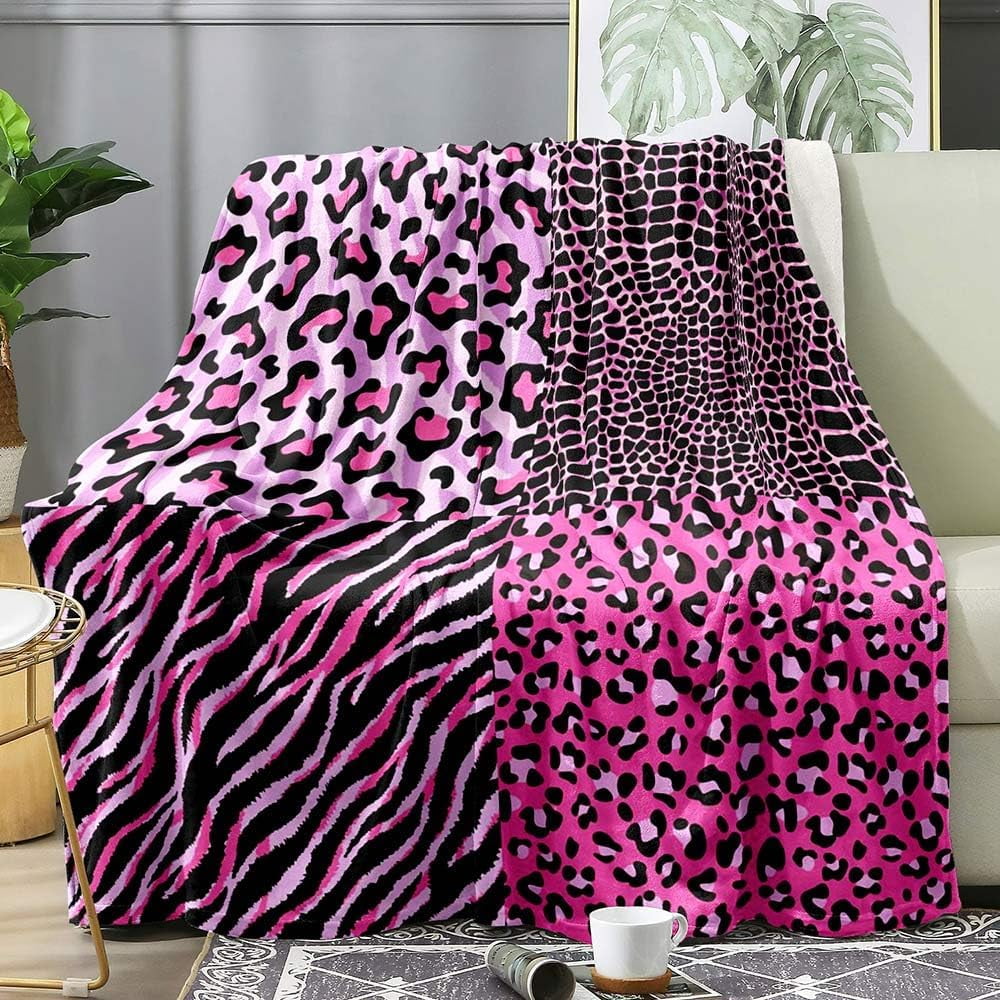 Pink Leopard Throw Blanket, Zebra Print Crocodile Skin Cheetah Print Blanket for Girls, Cozy Warm Soft Lightweight Fluffy Fuzzy Plush Flannel Blanket Fleece Blanket for Couch, Sofa, 50"x60"