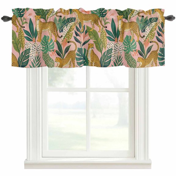 Pink Leopard Valances for Windows Farmhouse Kitchen Curtains Valances Rod Pocket Valance Curtains for Kitchen Windows Summer Botanical Tropical Leaves Window Valances for Bathroom Bedroom 42"x12"