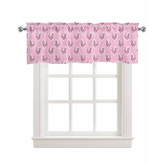Pink Leopard Valentine Linen Curtain Valance for Bedroom/Bathroom/Kitchen/Office/Living/Dining Room Window,Love Heart Romantic Rod Pocket Topper Decorative Cafe Drapes Panel 42"x12"