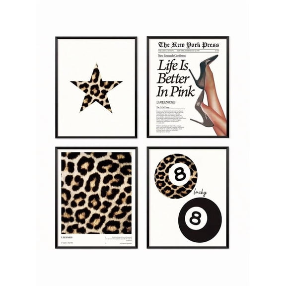 Pink Leopard Wall Art Posters, Leopard Print Room Decor, Funky Retro Cheetah Print Lucky 8 Ball Posters Teen Girls Room College Dorm Decor, Set Of 4 12x16 Unframed