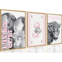 Pink Leopard Wall Art Set of 3 Fashion Cheetah Luxury Disco Ball Kiss Lips Playing Card Posters Trendy Magazine Canvas Prints Decor Aesthetic for Girly Bedroom Office Dorm