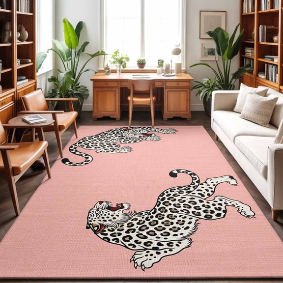 Pink Leopard Washable Area Rug 3 x 5 ft Modern Style Wild Animal Rustic Linen Texture, Soft Non Slip Rugs Stain Repellent Indoor Felt Carpet for Living Dining Room Bedroom Home Office