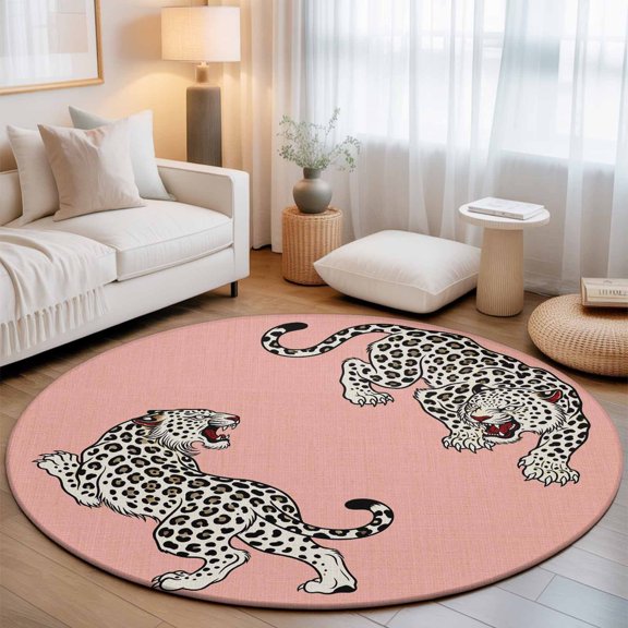 Pink Leopard Washable Round Area Rug 5 ft, Modern Style Wild Animal Rustic Linen Texture, Soft Non Slip Rugs Stain Repellent Indoor Felt Carpet for Living Dining Room Bedroom Home Office