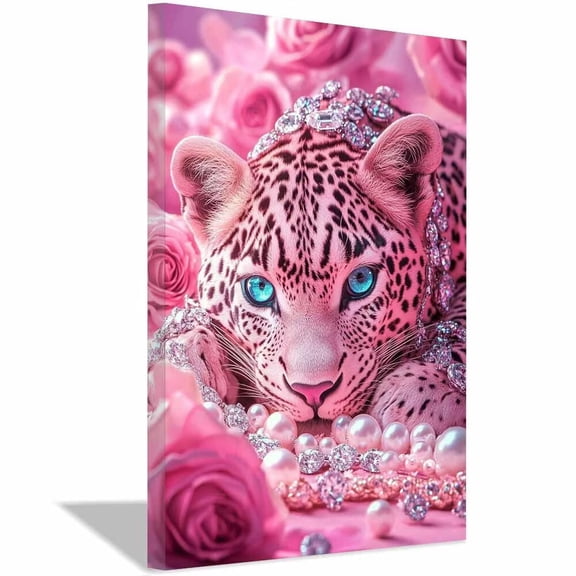 Pink Leopard Wrapped Crystal Jewels Fresh Rose Background Framed Canvas Wall Print,Elegant Sparkle Fauna Art for Entryway Studio Ready to Hang-12"L x 8"W