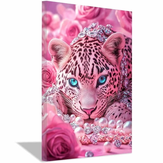 Pink Leopard Wrapped Crystal Jewels Fresh Rose Background Framed Canvas Wall Print,Elegant Sparkle Fauna Art for Entryway Studio Ready to Hang-12"L x 8"W