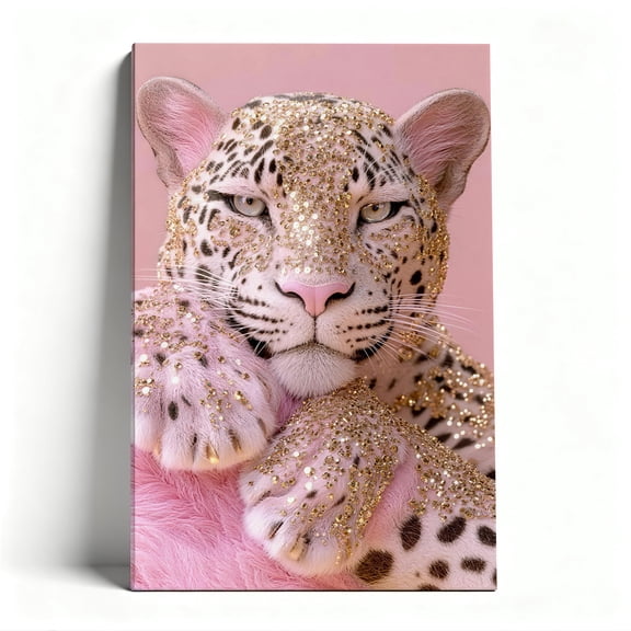 Pink Leopard with Gold Sparkles Canvas Wall Art, Glam Animal Decor, Luxe Pink & Gold Artwork for Bedroom, Ready to Hang 8x12/12x18/16x24/24x36