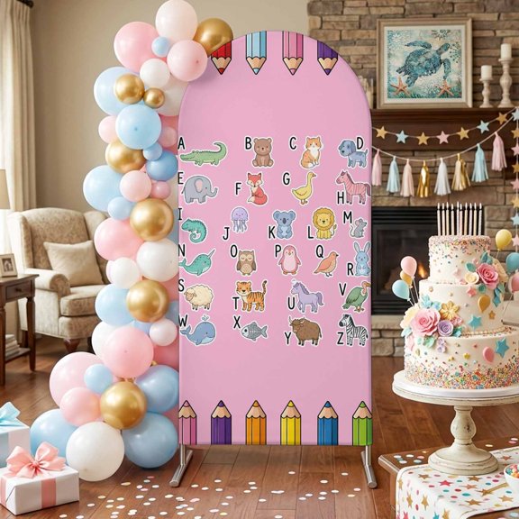 Pink Letter Animals Arch Backdrop Covers 4 FT, Colored Pencils Dag Duck Bird Fish Mouse Stretchy Fitted Arched Stand Covers Party Arch Stand Cover Photo Booth for Wedding Birthday Decor