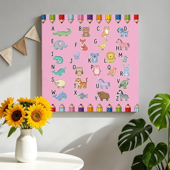 Pink Letter Animals Canvas Wall Art, Colored Pencils Dag Duck Bird Fish Mouse Pictures Wall Decor Wooden Framed Artwork Art Prints for Living Room Hallway Bedroom Office 8"x8"