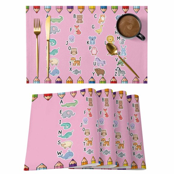 Pink Letter Animals Cotton Linen Placemats Set of 1, Colored Pencils Dag Duck Bird Fish Mouse Washable Table Place Mats Heat Insulating Placemat for Dining Room Kitchen Daily Use 13 x 19 Inch