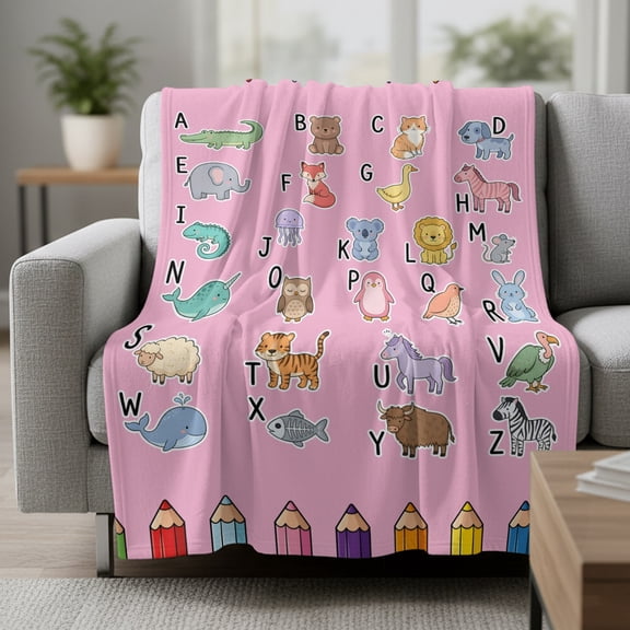 Pink Letter Animals Fleece Throw Blanket Colored Pencils Dag Duck Bird Fish Mouse Ultra Soft Fuzzy Cozy Flannel Throw Blanket for Couch Sofa Bed Car Travel, Ideal Gifts 30x40 Inches