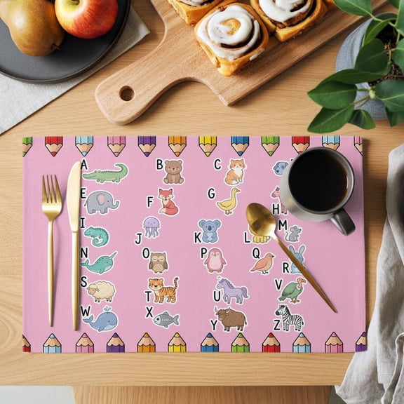 Pink Letter Animals Placemats Set of 1, Colored Pencils Dag Duck Bird Fish Mouse Heat Insulated Linen Place Mats, Washable Stain-Proof Table Mats for Dining Tables Holiday Decor 13x19 Inches