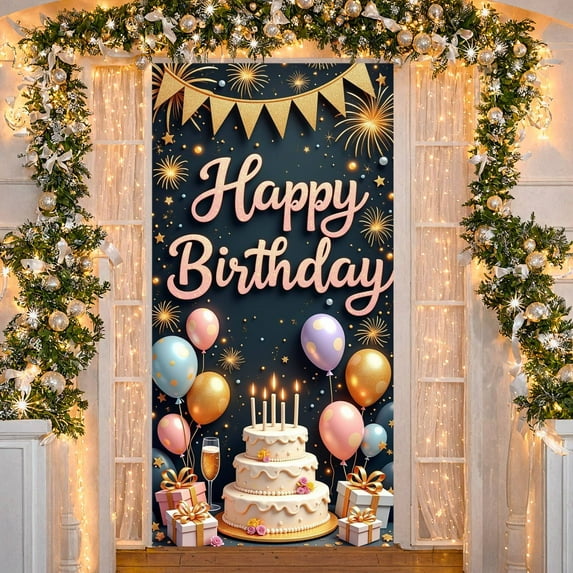 Pink Lettering Banner Gold Fireworks Birthday Display Colorful Balloons Star Decorations Party Backdrop for Birthday Party Kids Celebration Photo Shoot