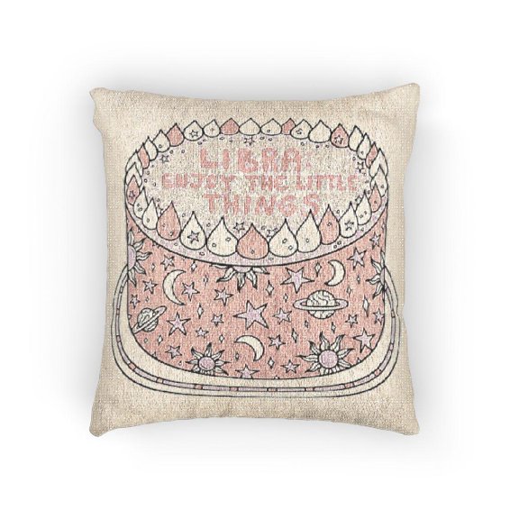 Pink Libra Celestial Cake Decorative Woven Pillow, Cotton-Polyester Shell, Stars, Moons and Planets