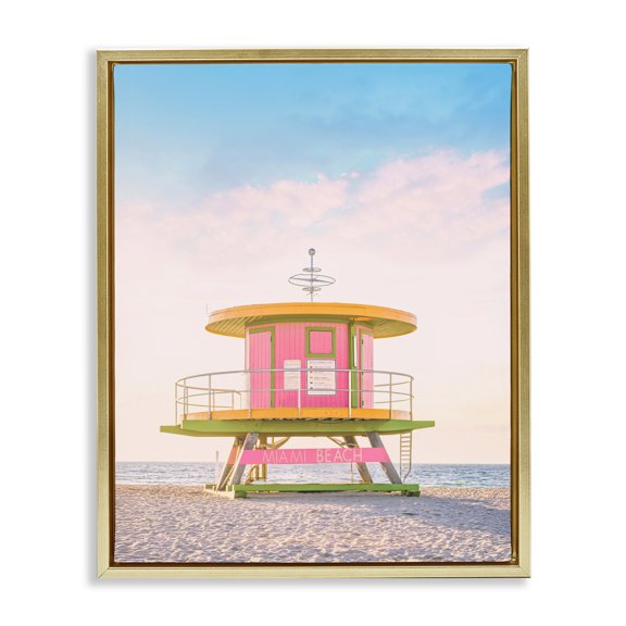 Stupell Industries Coastal Pink Lifeguard Stand Landscape Gold Floating Frame Canvas Art, 17 x 21, by Sisi and Seb