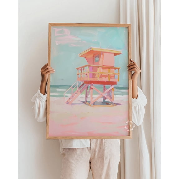 Pink Lifeguard Tower, Pastel Coastal Beach Art