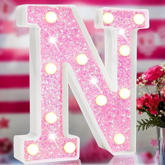 Pink Light Up Letters, Glitter Alphabet Letter Sign Pink LED Marquee Letter Lights Battery Powered for Night Light Girls Bedroom ，Birthday Party