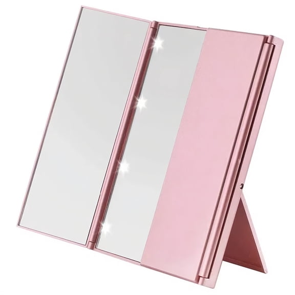 Pink Lighted Makeup Mirror, Tri-fold Led Vanity Mirror with 10X Magnification, Foldable Travel Mirror for Desk Purse