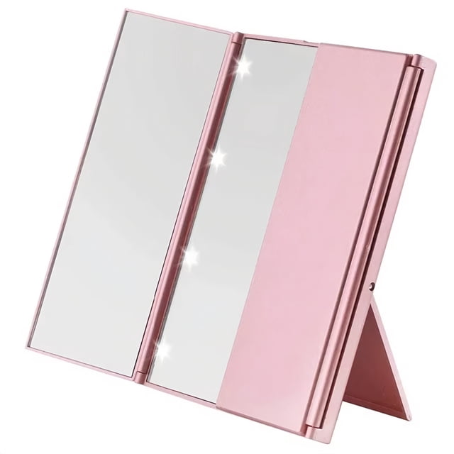 Pink Lighted Makeup Mirror, Tri-fold Led Vanity Mirror with 10X ...