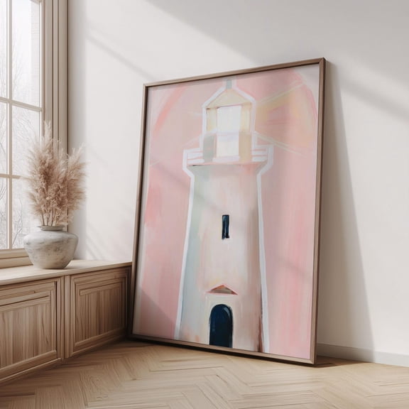 Pink Lighthouse Coastal Pastel Sunset Nautical Beach House Unframed Paper Print