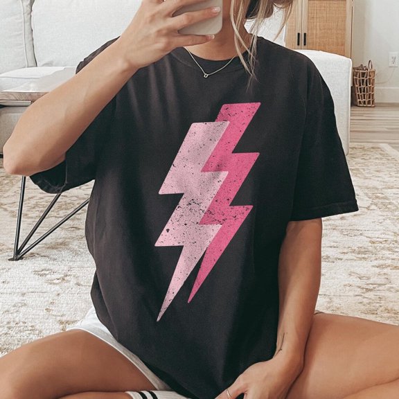 Pink Lightning Bolt TShirt Trendy Soft Cotton Graphic Tee Women Retro 80s Y2K 90s Vintage Oversized Punk Rock Aesthetic Top