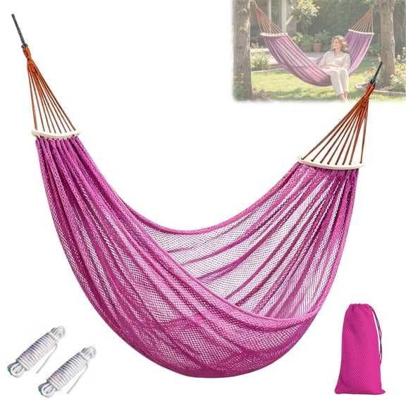 Pink Lightweight Nylon Net Hammock, Portable Outdoor Rope Hammock with Spreader Bar + Storage Bag, Perfect for Travel, Camping, Beach, Party, Tree