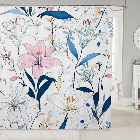 Pink Lilies Bath Curtain Lily Pattern Shower Curtain for Kids Boys Girls Teens Floral Botanical Bathroom Shower Curtain Set Boho Floral Kids Bathroom Accessories 36"W x 72"L (Pack of 1)