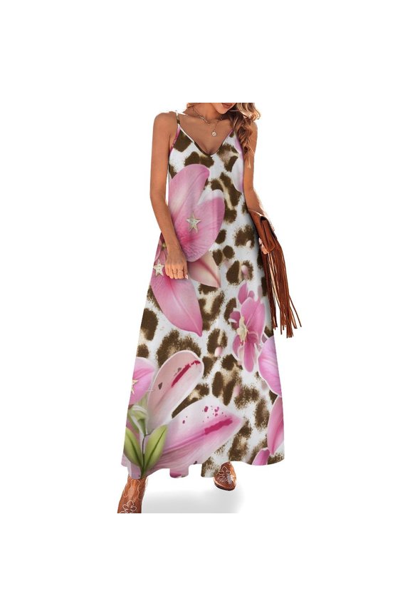 Pink Lilies Leopard Print Floral Fabric Sleeveless Dress Loose Women's Dress Dresses Luxury Evening Dresses