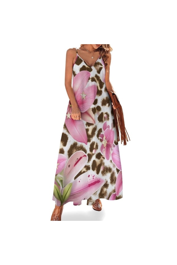 Pink Lilies Leopard Print Floral Fabric Sleeveless Suspender Dress Summer Fashion Casual Long Dress