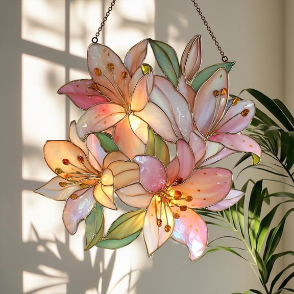 Pink Lily Acrylic Suncatcher, Stained Glass Style Floral Window Hanging, Elegant Spring Decor, Flower Lover Gift