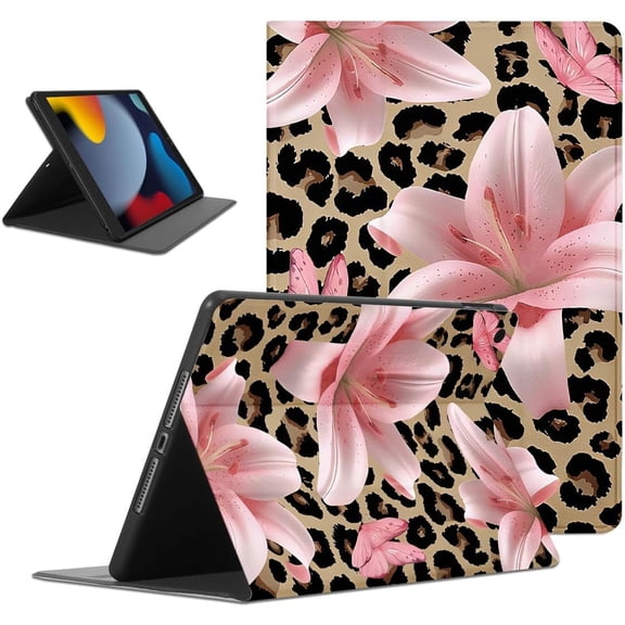 Pink Lily Cheetah Leopard Print Flower Tablet Case for iPad Air 2 9.7 Inch,Floral Pattern for Women Men Teens Protective Cover Flip PU Leather Stand Funda