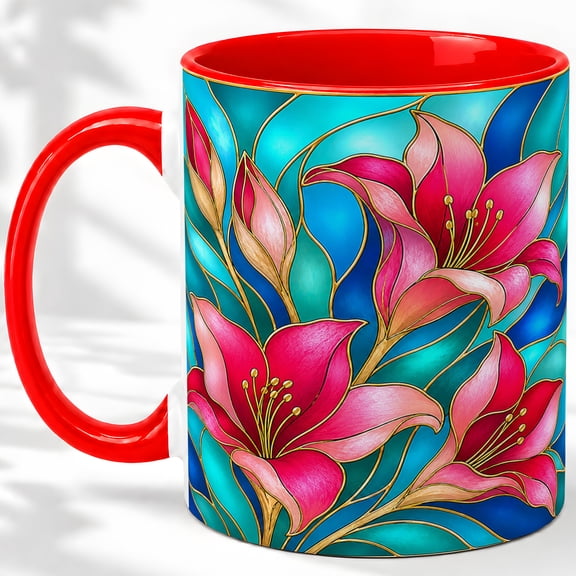 Pink Lily Coffee Mug, Stained Glass Floral Art, Bright Daily Sips for Tea