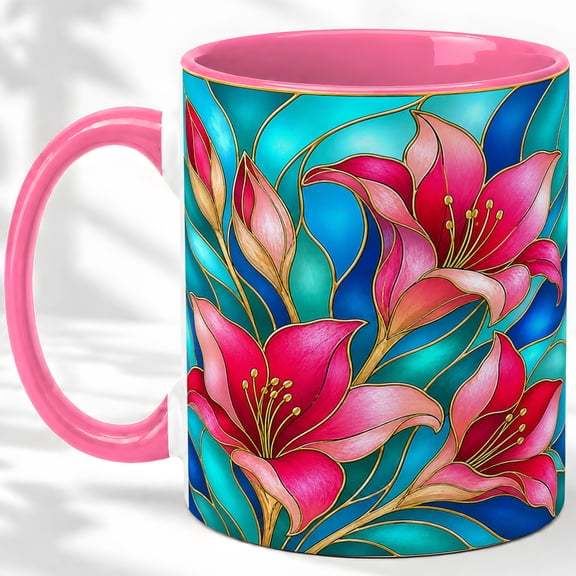 Pink Lily Coffee Mug, Stained Glass Floral Art, Bright Daily Sips for Tea