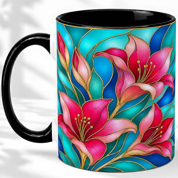 Pink Lily Coffee Mug, Stained Glass Floral Art, Bright Daily Sips for Tea