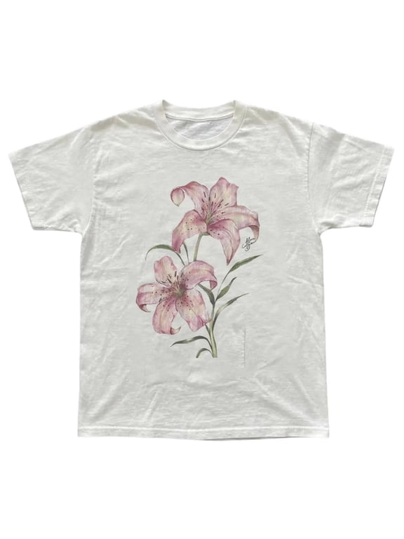 Pink Lily Floral T-Shirt, Tree Shirt, Natural Tee, Gifts Shirt, Unisex Vintage Graphic Tees Gothic Grunge Y2k Emo Scene Amity Affliction Style Clothes Women Streetwear
