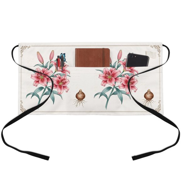 Pink Lily Floral Waitress Apron with 3 Pockets, Farmhouse Flowers Blossom Butterfly Server Aprons Waterproof Kitchen Restaurant Half Waist Apron for Men Women