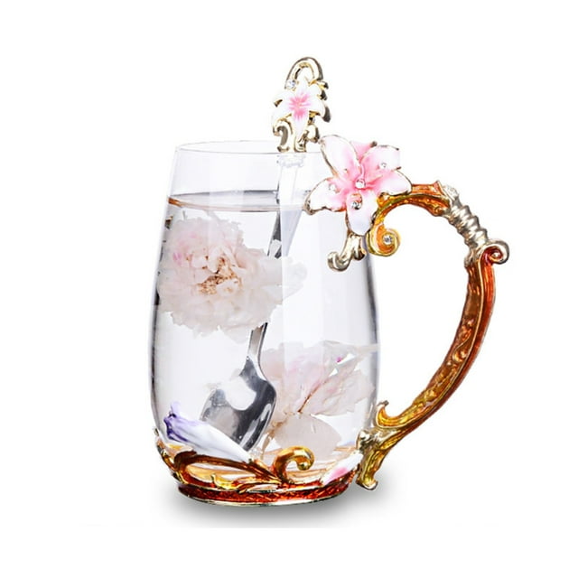 Pink Lily Flower Glass Coffee Mug Tea Cup Gifts for Women,Christmas