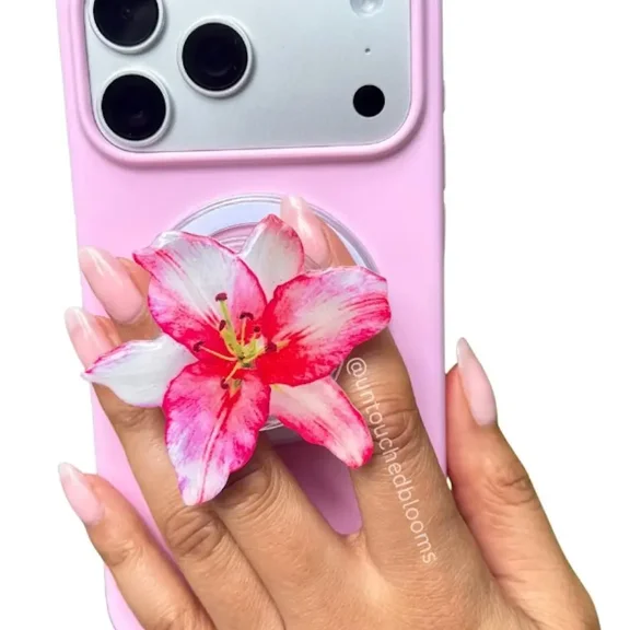 Pink Lily Magsafe Phone Grip Handmade for Phone & E-reader compatible with Magsafe.