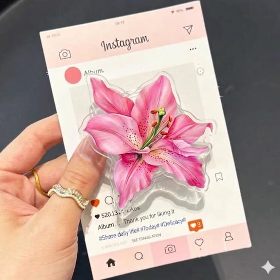 Pink Lily Phone Grip: Elegant Flower Socket, Lily Griptok for Her
