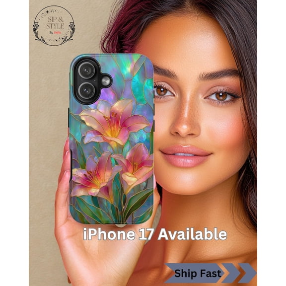 Pink Lily Stained Glass Print Phone Case: Tough Floral iPhone Samsung Pixel Cover