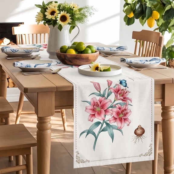 Pink Lily Table Runner, Country Pastoral Watercolor Flowers Green Leaf Butterfly Washable Kitchen Table Runners Dress Scarves for Dining Table Decorations Party/Restaurant/Indoor Outdoor Use, 13x36in