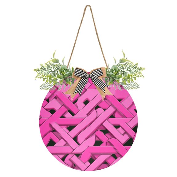 Pink Line Art Style Front Door Porch Decoration Hanging Sign with Artificial Green Plants and Bow for Home Outdoor Indoor