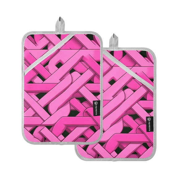 Pink Line Art Style Oven Mitts Pot Holders 2 pcs Heat Resistant for Kitchen Baking Grilling