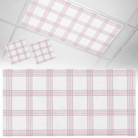 Pink Line Plaid Fluorescent Light Covers Vintage Boho Checkered Texture Magnetic Light Filters Ceiling Lighting Panel Shade for Classroom Office Home 2 x 4 ft, 2 Pack