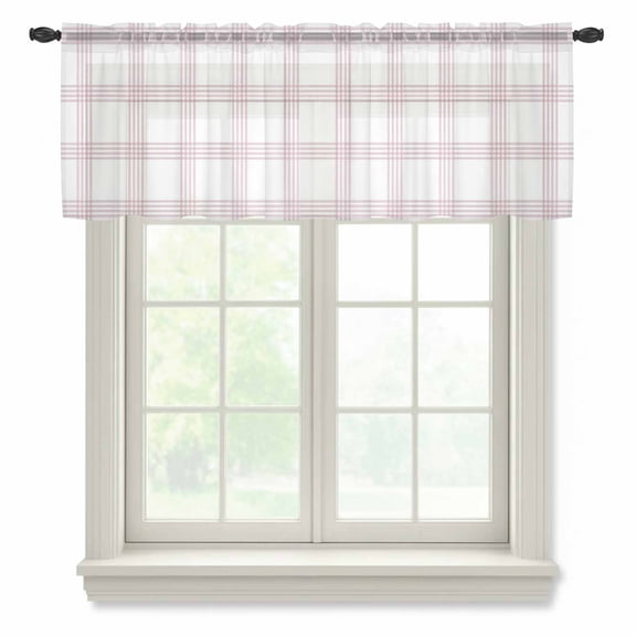 Pink Line Plaid Semi Sheer Valance Curtains Vintage Boho Checkered Texture Voile Valances Curtain Rod Pocket Small Window Treatment for Kitchen Bathroom Cafe 42"x12"