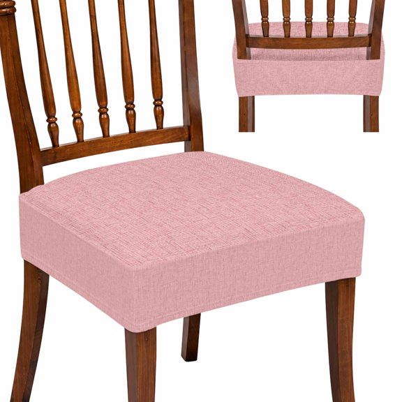 Pink Linen Pattern Chair Seat Covers Set of 2 Classical Woven Fabric Grain Rose Pink Stretch Dining Chair Covers, Removable Chair Cushion Covers for Dining Room Kitchen Home Hotel