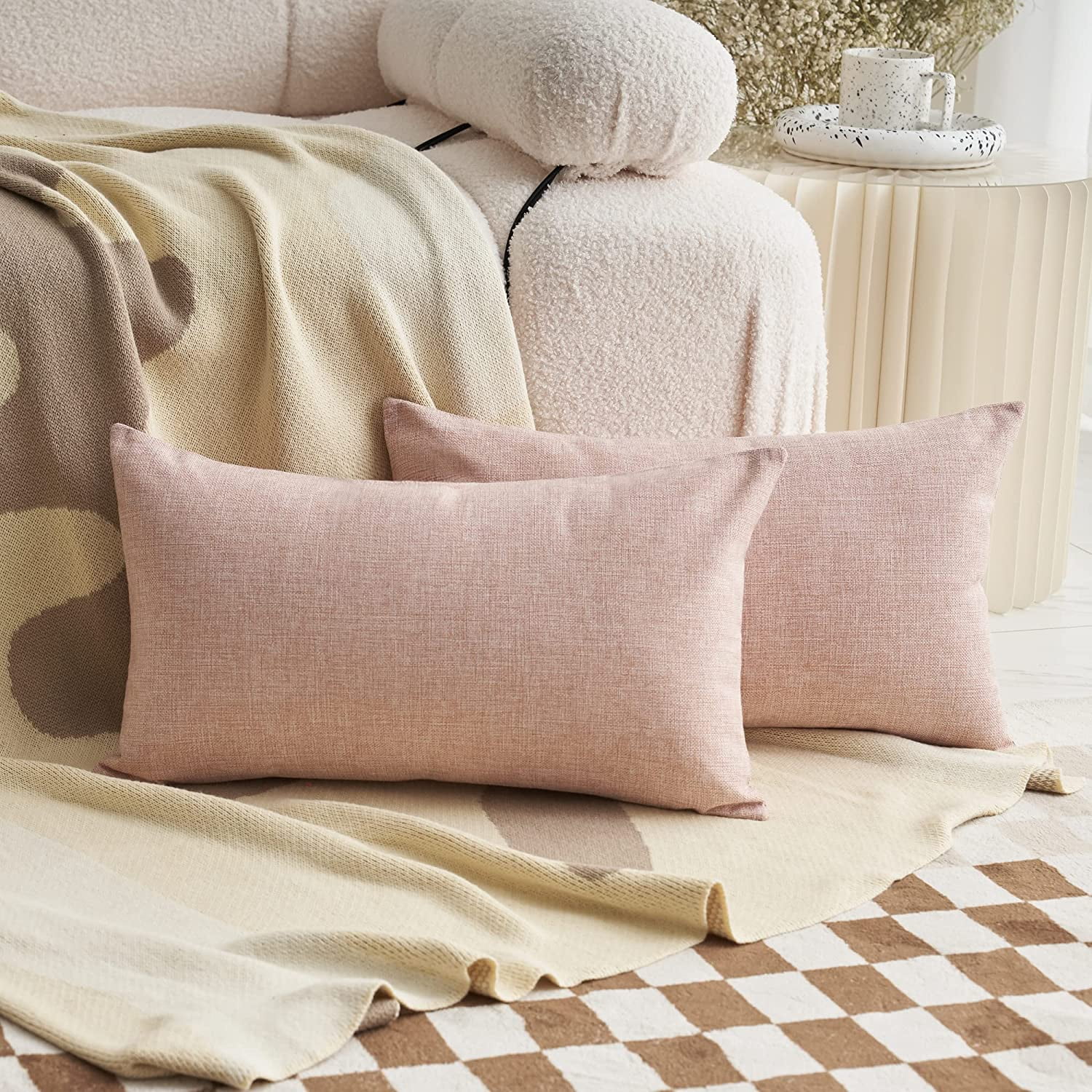 Pink Linen Pillow Covers 12 x 20, Decorative Pillowcases Set of 2