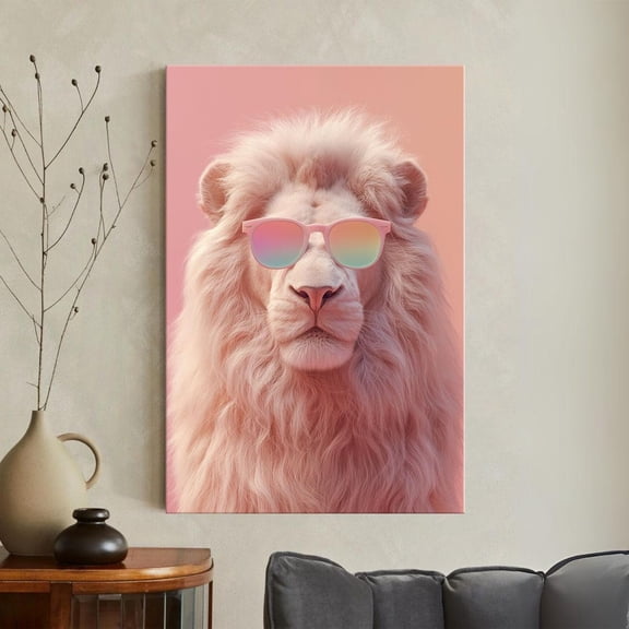Pink Lion With Sunglasses Print Pastel Animal Wall Art Funky White Decor Preppy Aesthetic y Unframed Canvas 16x20in